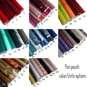 May include: A collection of rolled faux leather sheets in various colors and textures. The image displays a range of options, including glitter, embossed, and patterned designs. The text "Pixi pouch color/style options" is visible.