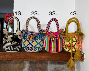 Assorted mini wayuu bags crossbody colombian bags hand knitted mochila short handle and long strap