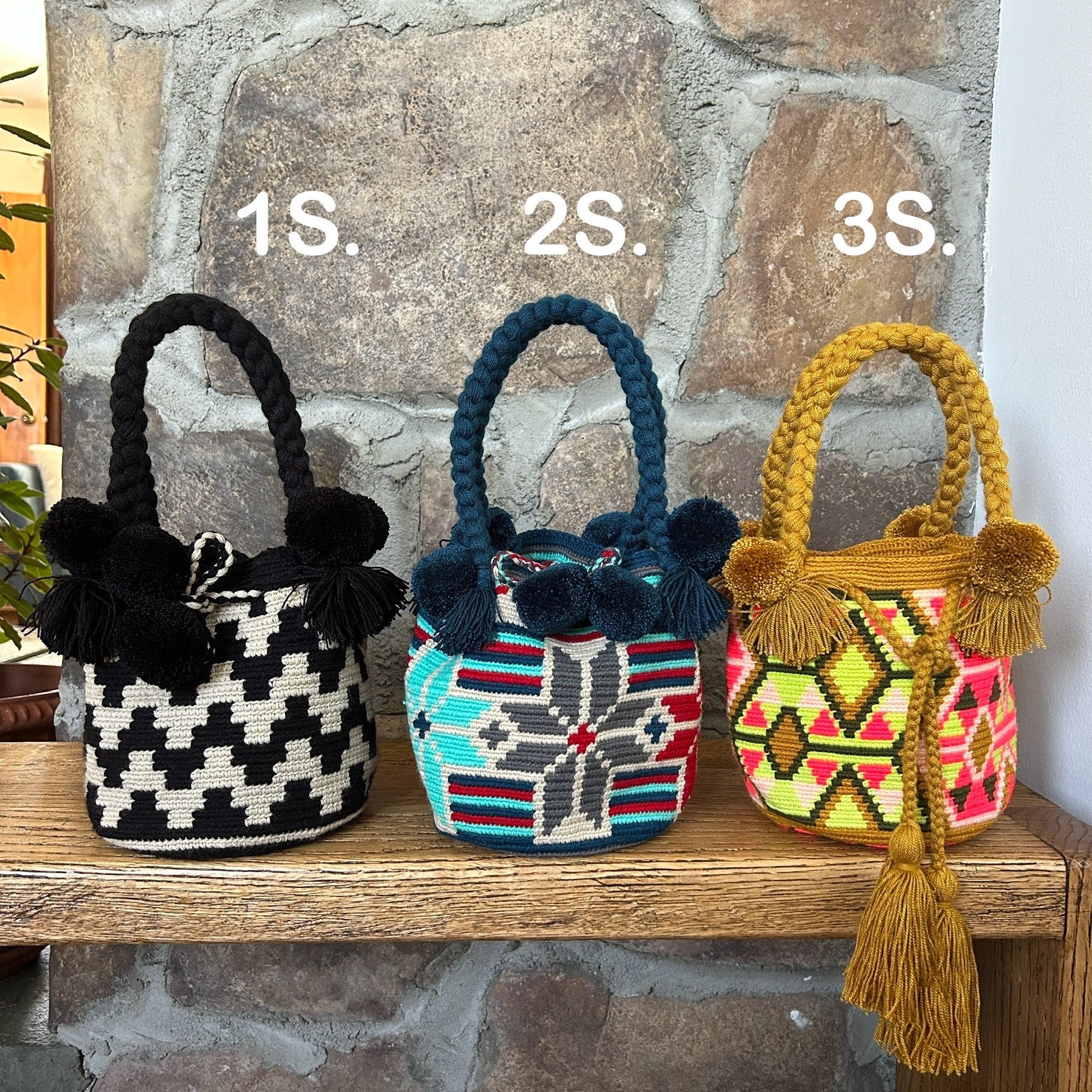 Assorted Mini Wayuu Bags Crossbody Colombian Bags Hand Knitted Mochila Short Handle With Pom Poms Etsy UK