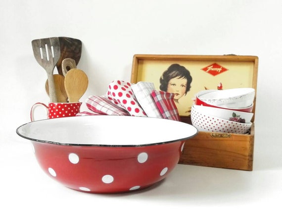 large bowl red with white polka dots 1960 enamel bowl with | etsy