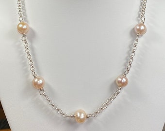 Peach Pearls Spaced With Sterling Silver Rolo Chain Necklace