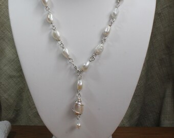 Sterling Wire Wrap Loops & Pearl Necklace