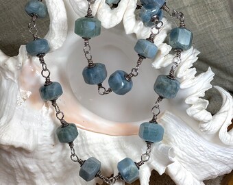 Large Chunky Aquamarine Necklace, Sterling Wire Wrapped Loops