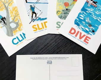 Set of four seasonal postcards of the berkshires  LEISURE ACTIVITIES
