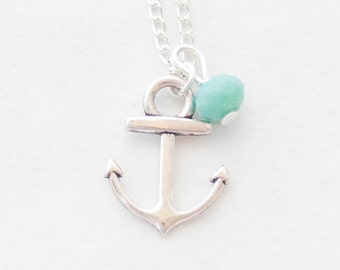 Little Anchor Necklace, Anchor Pendant Necklace, Silver Anchor Necklace, Anchor charm Necklace, Gemstone Necklace, Navy Necklace
