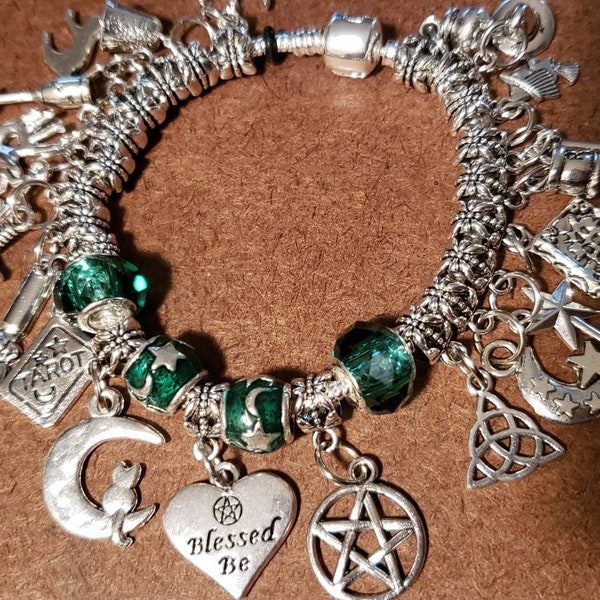 Wiccan Charm Bracelet Blessed Be Moon and Star Charm Bracelet filled with Wiccan Altar Tool charms Choose your color and size