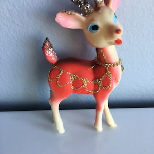 Vintage Reindeer Red Pink Gold Accent Glitter Antlers Blue Eyed Red Nose Bell Japan