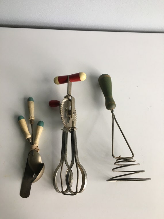 Vintage Kitchen Utensils Hand Mixer Masher Spoons Knife Wooden Etsy