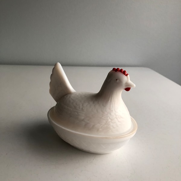 Vintage Chicken on a Basket Hen on a Nest Covered Dish White Milk Glass