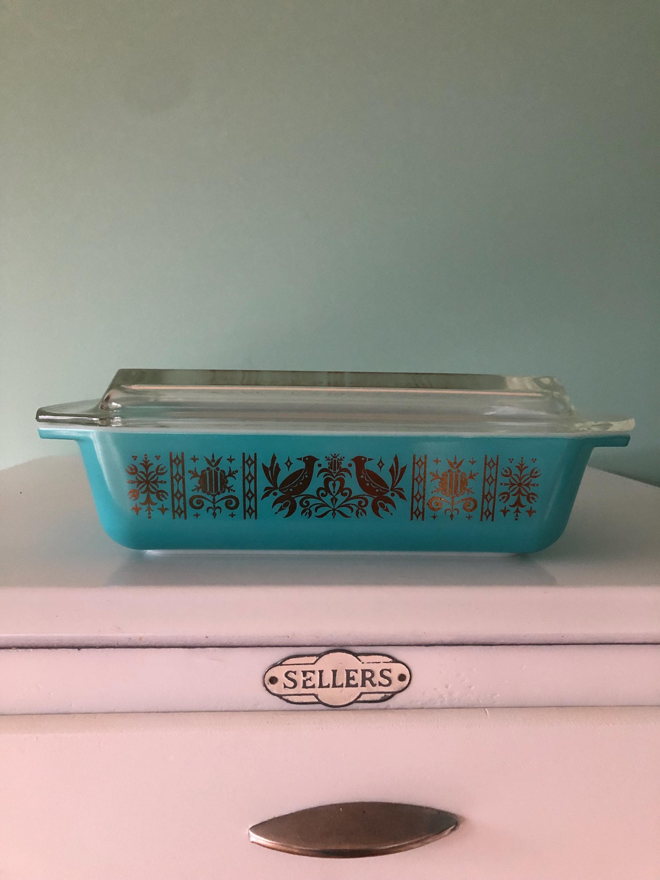 Vintage Pyrex 1960s Turquoise Golden Birds Space Saver With