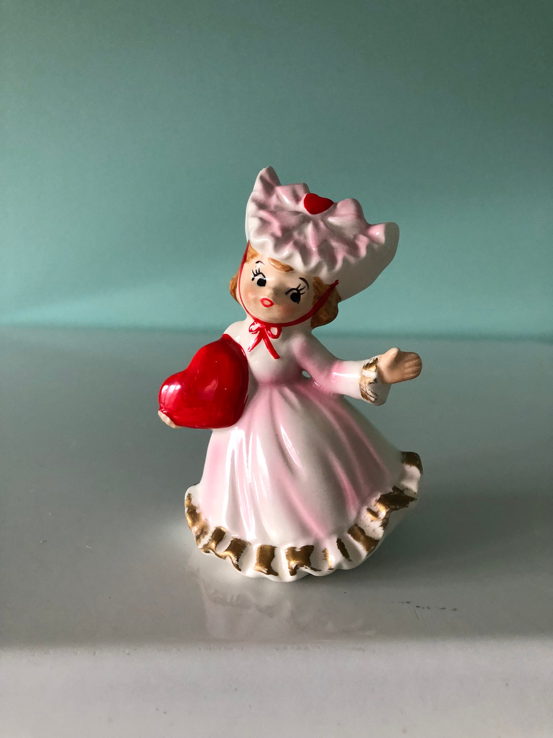 Vintage Lefton Valentine's Day Girl With Red Heart Figurine Japan