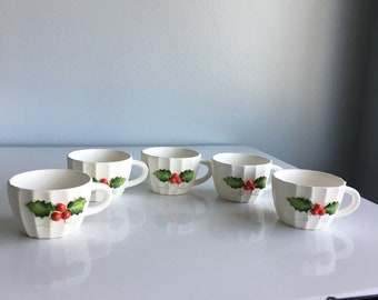 Vintage Holt Howard Christmas Holly Berry Punch Bowl Cups Set of 5 1962