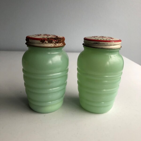 Vintage Fire King Anchor Hocking Jadeite Tulips Top Salt and Pepper Shakers