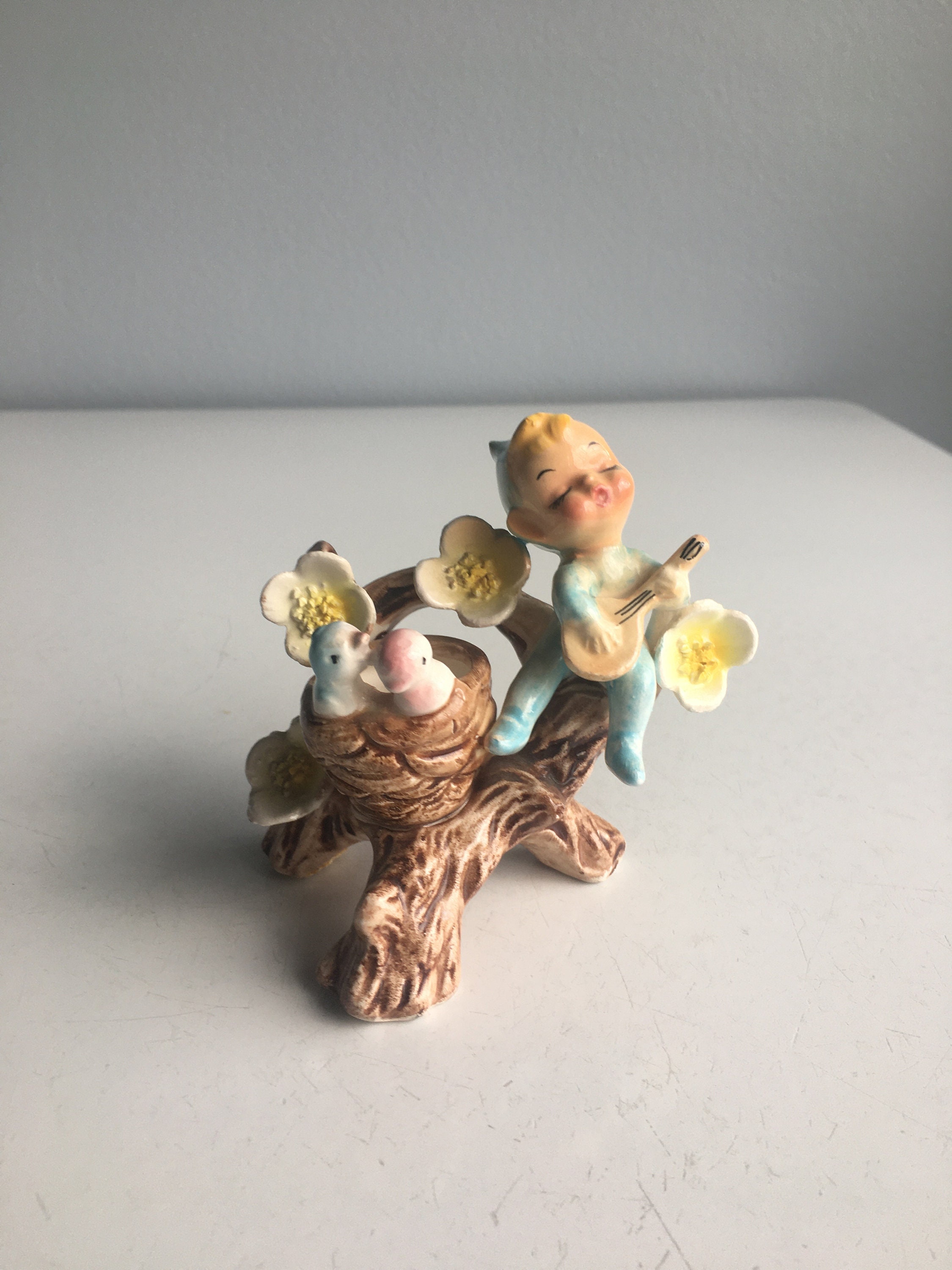 Vintage Pixie Elf Boy in Tree Figurine Playing Instrument