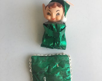 Vintage Christmas Pixie Elf Green Metallic Shiny With Pillow Japan