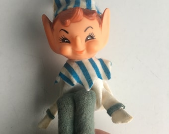 Vintage Pixie Elf Knee Hugger Blue & White Ornament Made in Japan