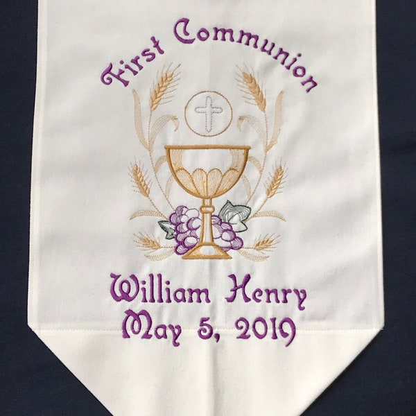 Personalized Chalice with Grapes and Wheat First Communion Banner