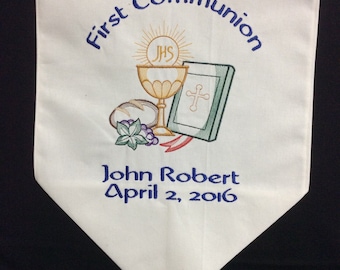 Personalized First Communion Banner with Bible, Chalice and Bread