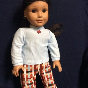 Long Sleeve Blue Top and Brown Plaid Pant Outfit for American Girl Dolls