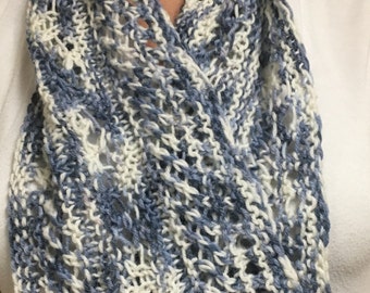 Blue and White Hand Knit Cowl