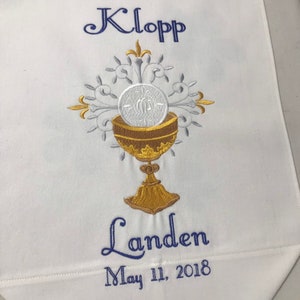 Personalized First Communion Banner with Ornate Embroidered Chalice