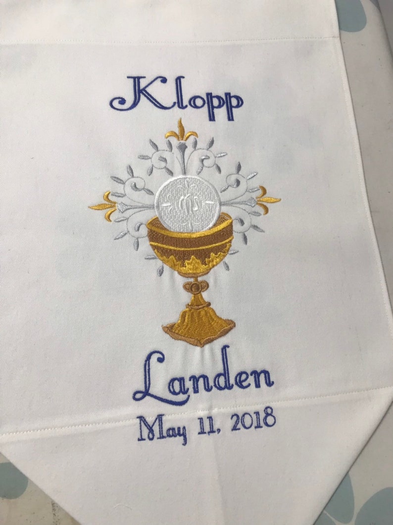 Personalized First Communion Banner with Ornate Embroidered Chalice image 1