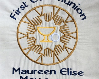 Personalized First Communion Banner with Embroidered Circle of Hands, Chalice and Host