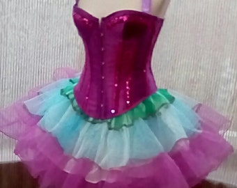 Christmas Fairy Victorian hen night party stage burlesque boned corset long back bustle skirt of colourful net frilled layers