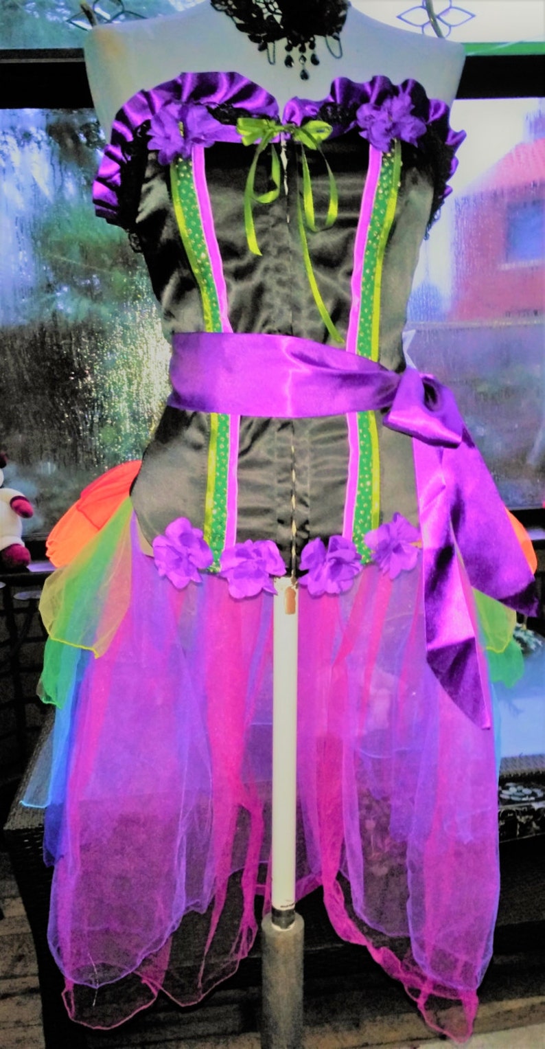 Christmas Fairy Victorian hen night party stage burlesque boned corset long back bustle skirt of colourful net frilled layers