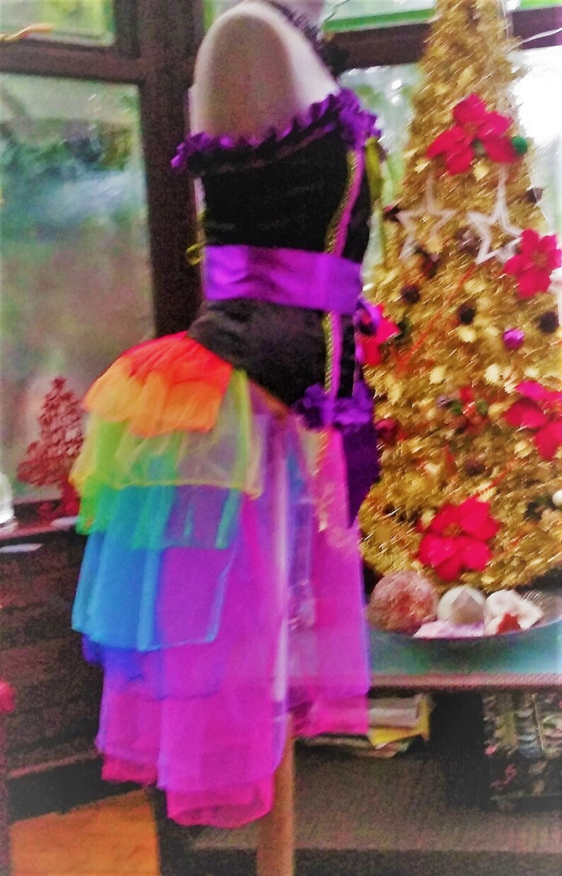 Christmas Fairy Victorian hen night party stage burlesque boned corset long back bustle skirt of colourful net frilled layers