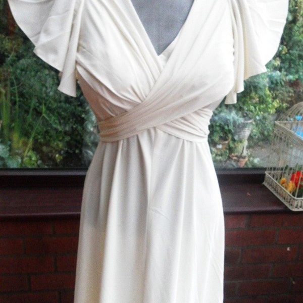 vintage 1970s long white feature crossover bodice and full circle sleeves fine crimplene maxi dress size uk14 usa10