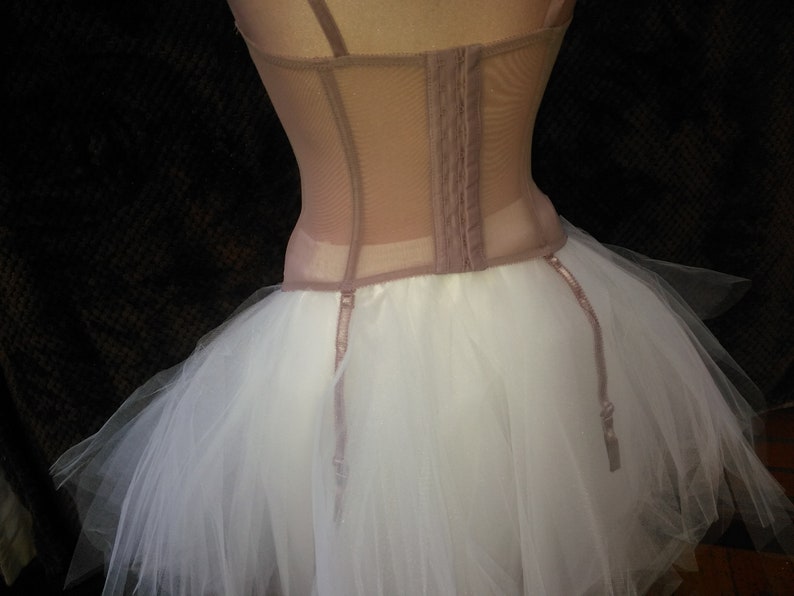Christmas Fairy Victorian hen night party stage burlesque boned corset long back bustle skirt of colourful net frilled layers
