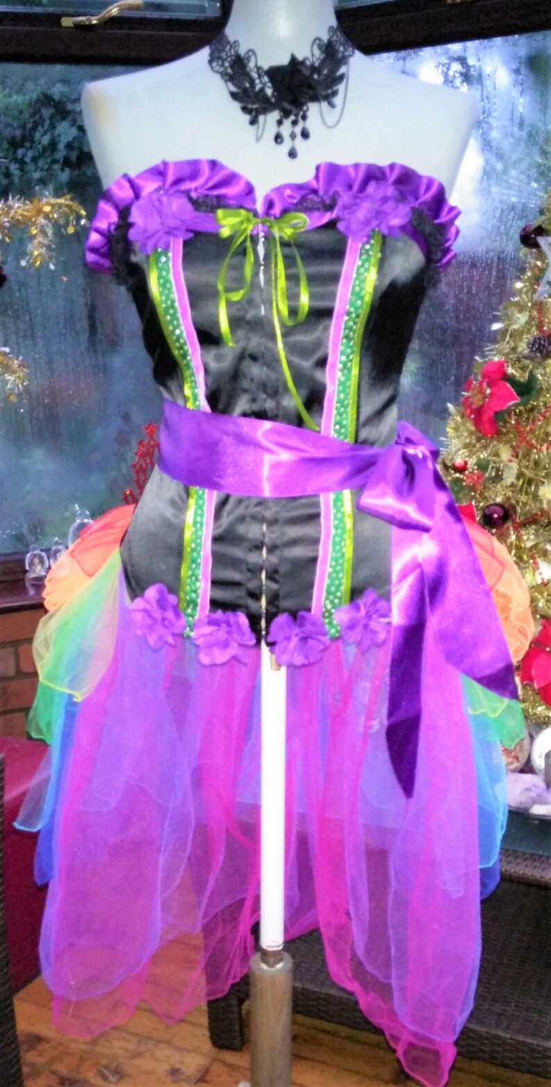 Christmas Fairy Victorian hen night party stage burlesque boned corset long back bustle skirt of colourful net frilled layers