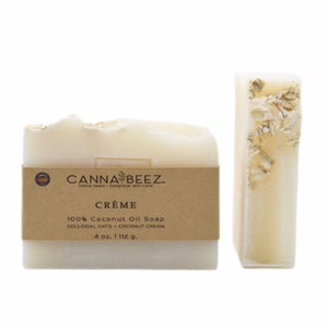 Crème: Colloidal Oats + Coconut Cream Cold Process Soap; 100% Organic Virgin Coconut Oil; Small Batch; Handcrafted; Palm Oil Free