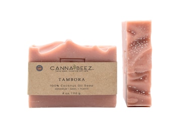 Tambora: Geranium + Basil + Pumice Cold Process Soap; 100% Organic Virgin Coconut Oil; Small Batch; Handcrafted; Palm Oil Free; Exfoliating