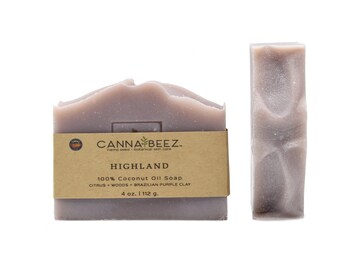 Highland: Citrus + Woods + Brazilian Purple Clay Cold Process Soap; 100% Organic Virgin Coconut Oil; Small Batch; Handcrafted; Palm Oil Free