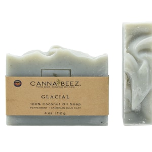 Glacial: Peppermint + Cambrian Blue Clay Cold Process Soap; 100% Organic Virgin Coconut Oil; Small Batch; Handcrafted; Palm Oil Free