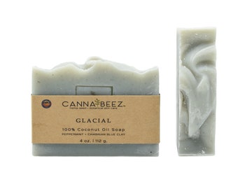 Glacial: Peppermint + Cambrian Blue Clay Cold Process Soap; 100% Organic Virgin Coconut Oil; Small Batch; Handcrafted; Palm Oil Free