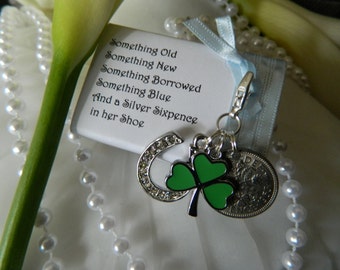 Wedding Bouquet charm  - Horseshoe charm - Original hand polished Six-pence-Shamrock-  Keepsake Box