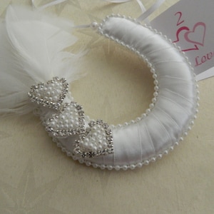Wedding Horseshoe bridal Charm white - Beaded bling heart & Feathers