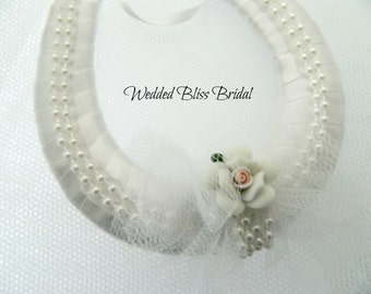 Wedding horseshoe bridal keepsake charm - Porcelain Rose & Pearls- White satin