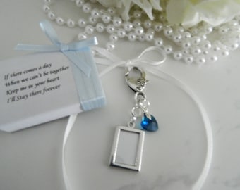 Wedding Keepsake - Double sided Photo charm  - Bridal bouquet charm- something blue crystal heart -  DIY Frame