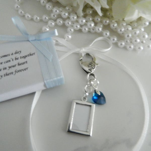 Wedding Keepsake - Double sided Photo charm  - Bridal bouquet charm- something blue crystal heart -  DIY Frame