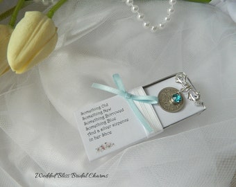 Lucky Sixpence Wedding Charm , Something Blue ....Bride, Bridal, Bouquet Brooch  , Sixpence Coin Keepsake Gift..keepsake boxed