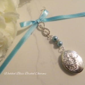 Wedding bouquet Locket  charm - Ornate Photo locket - something blue Pearls  - keepsake boxed