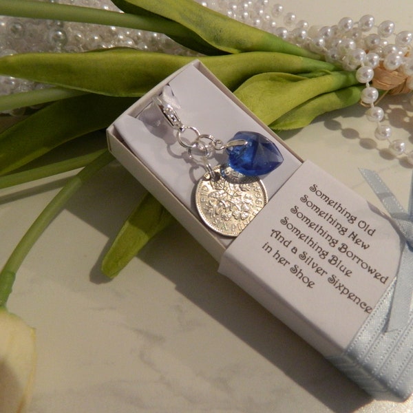 Bride's Lucky Six-pence   Wedding Keepsake- Bridal bouquet something blue charm with Crystal Look Pin