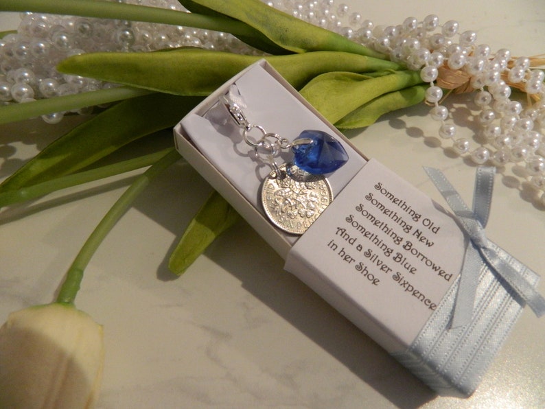 Bride's Lucky Six-pence Wedding Keepsake Bridal bouquet something blue charm with Crystal Look Pin image 1