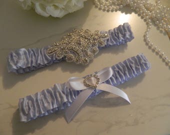 Wedding garter Set- Blue   - Diamante Motif & White bow Diamante