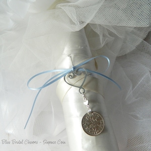 Sixpence Heart Wedding Charm Bouquet charm  , Something Blue ....Bride, Bridal, Bouquet charm Keepsake Gift..keepsake boxed