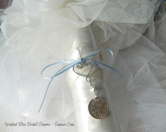 Sixpence Heart Wedding Charm Bouquet charm  , Something Blue ....Bride, Bridal, Bouquet charm Keepsake Gift..keepsake boxed